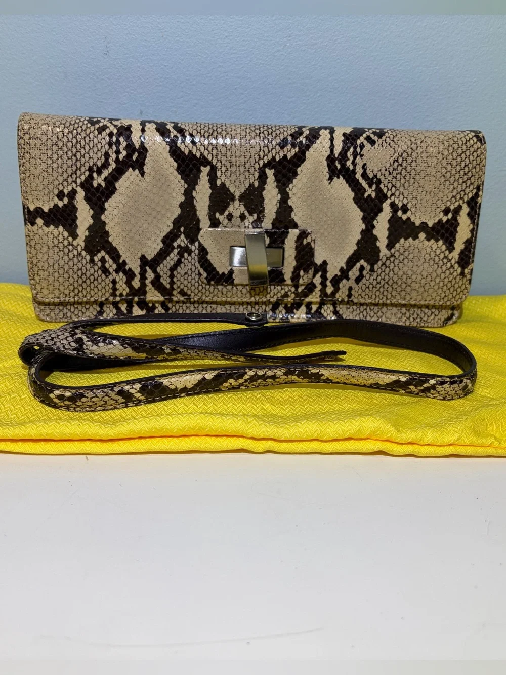 Donald J Pliner Snakeskin & Leather Clutch Cutch Removable Strap & Dust Cover